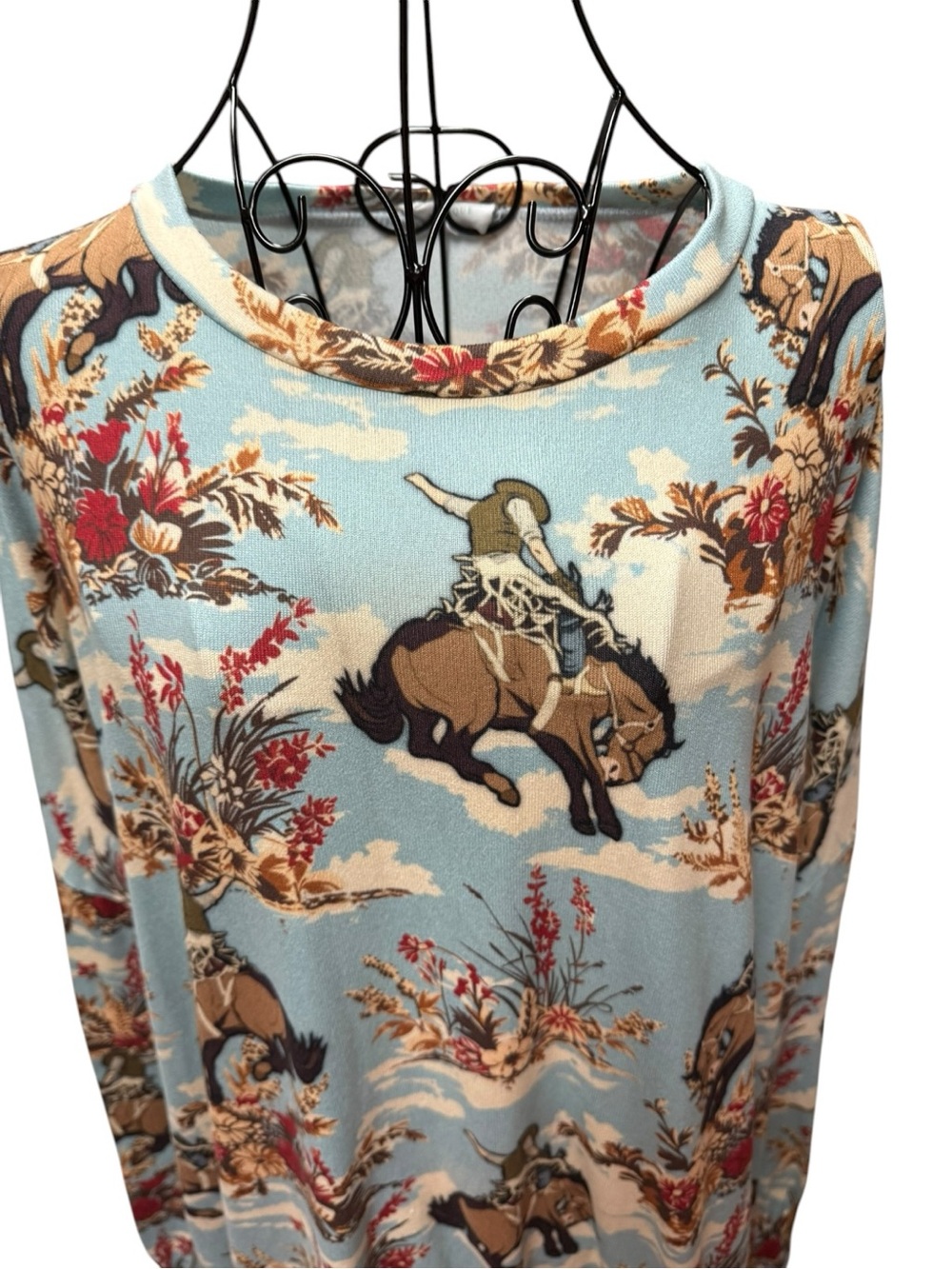 Light Blue Western Cowboy Floral Sweatshirt L/XL - Picture 3 of 8
